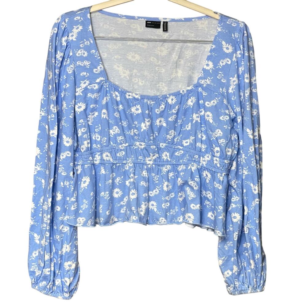 ASOS top blue white floral scooped cropped feminine whimsical size 14